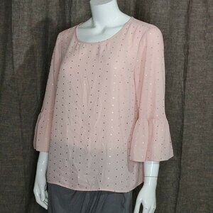 ELLE Pink Blouse With Polka Dots Size Medium 3/4 Ruffled Sleeves